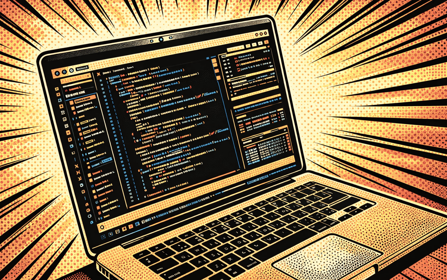 Illustration of a laptop showing production-ready code